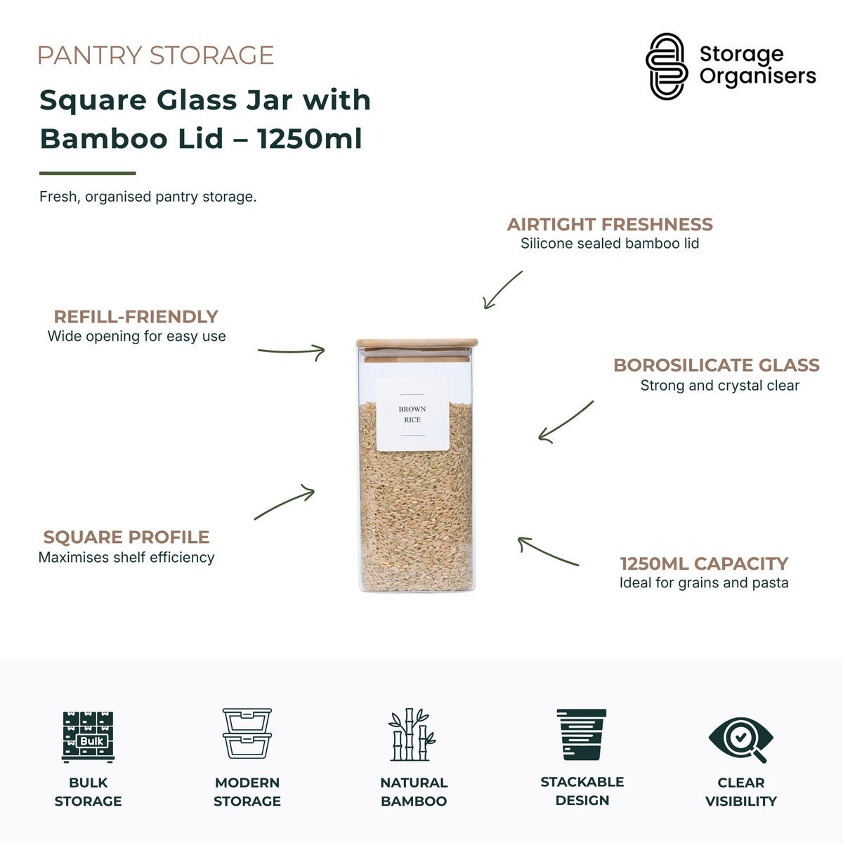 1250ml square glass pantry storage jar with airtight bamboo lid, borosilicate glass construction, and stackable design. Ideal for storing rice, grains, pasta, and dry pantry staples while maximising shelf space and keeping contents fresh.