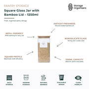 1250ml square glass pantry storage jar with airtight bamboo lid, borosilicate glass construction, and stackable design. Ideal for storing rice, grains, pasta, and dry pantry staples while maximising shelf space and keeping contents fresh.