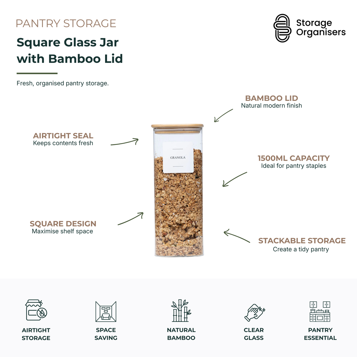 1500ml square glass pantry storage jar with airtight bamboo lid, designed for storing granola, cereals, pasta, and dry food while maximising pantry shelf space.