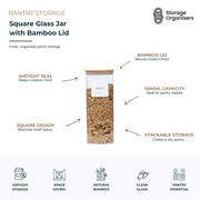 1500ml square glass pantry storage jar with airtight bamboo lid, designed for storing granola, cereals, pasta, and dry food while maximising pantry shelf space.