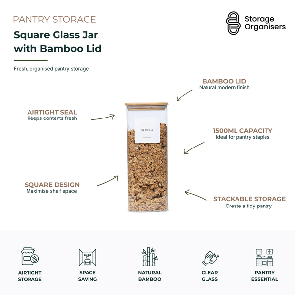1500ml square glass pantry storage jar with airtight bamboo lid, designed for storing granola, cereals, pasta, and dry food while maximising pantry shelf space.