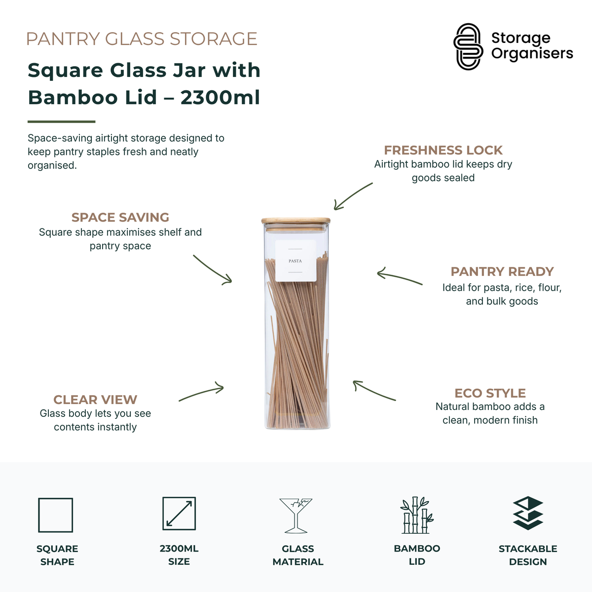 2300ml square glass jar with airtight bamboo lid for pantry storage, pasta, rice, flour, and dry food organisation