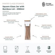 2300ml square glass jar with airtight bamboo lid for pantry storage, pasta, rice, flour, and dry food organisation