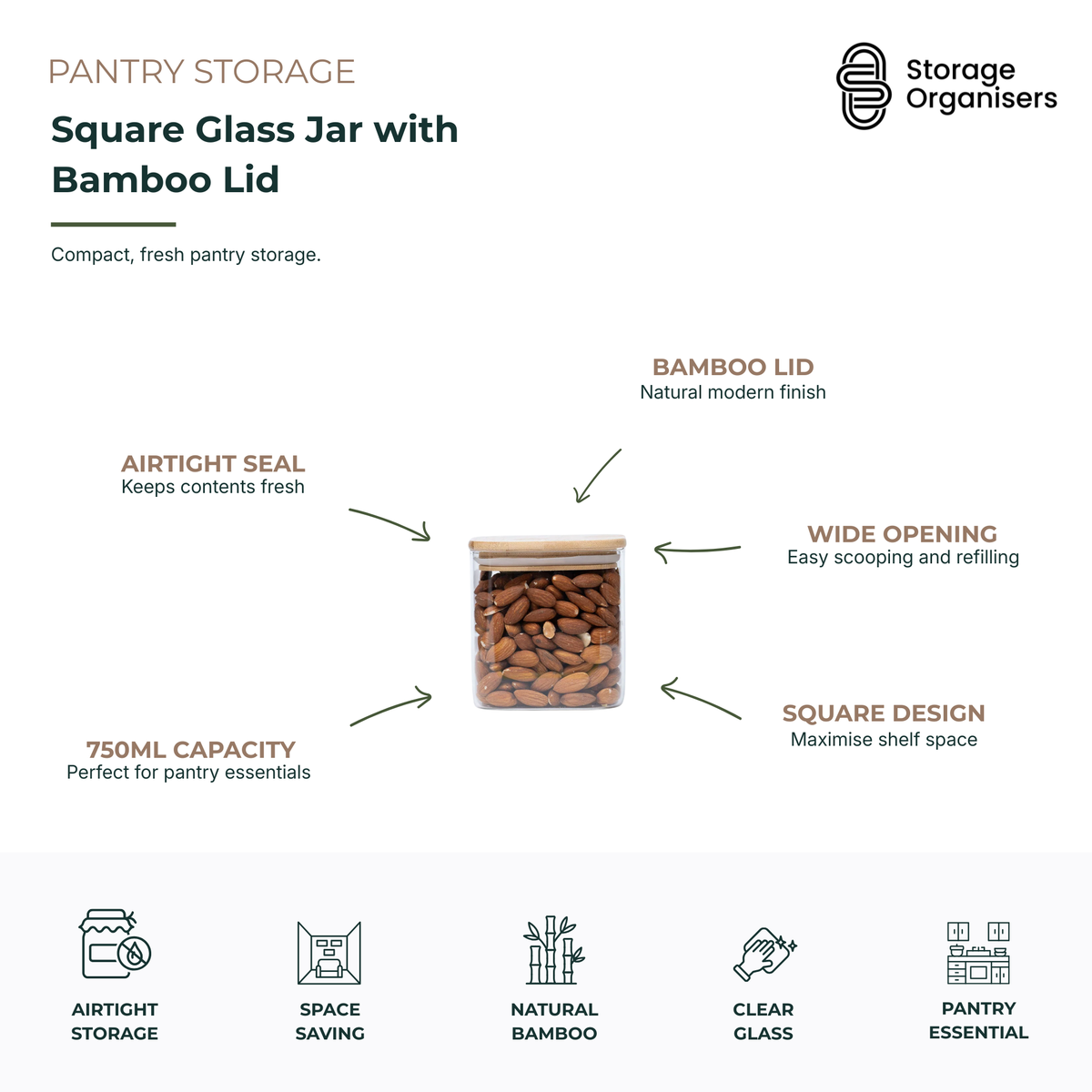 750ml square glass storage jar with natural bamboo lid and airtight seal, ideal for pantry organisation, storing nuts, grains, snacks, and dry ingredients while maximising shelf space with a stackable design.