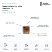 750ml square glass storage jar with natural bamboo lid and airtight seal, ideal for pantry organisation, storing nuts, grains, snacks, and dry ingredients while maximising shelf space with a stackable design.
