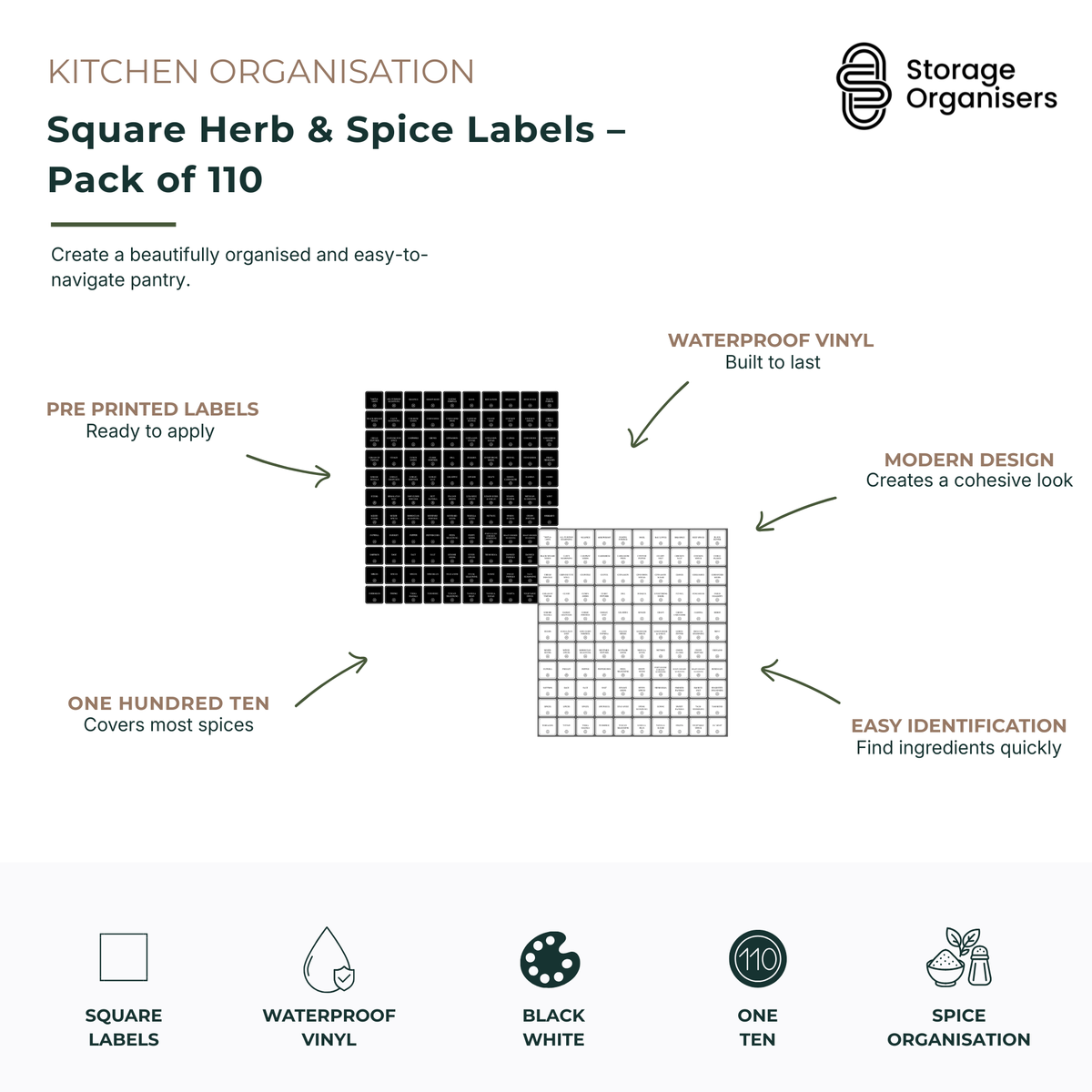 Pack of 110 square herb and spice pantry labels made from durable waterproof vinyl, designed to create a clean, organised, and easy-to-navigate kitchen pantry. Features pre-printed labels for quick application, modern black and white designs for a cohesive look, and easy ingredient identification for herbs, spices, seasonings, and pantry staples. Ideal for organising spice jars, containers, and kitchen storage while enhancing pantry organisation and accessibility.