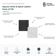 Pack of 110 square herb and spice pantry labels made from durable waterproof vinyl, designed to create a clean, organised, and easy-to-navigate kitchen pantry. Features pre-printed labels for quick application, modern black and white designs for a cohesive look, and easy ingredient identification for herbs, spices, seasonings, and pantry staples. Ideal for organising spice jars, containers, and kitchen storage while enhancing pantry organisation and accessibility.