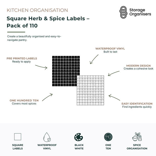 Pack of 110 square herb and spice pantry labels made from durable waterproof vinyl, designed to create a clean, organised, and easy-to-navigate kitchen pantry. Features pre-printed labels for quick application, modern black and white designs for a cohesive look, and easy ingredient identification for herbs, spices, seasonings, and pantry staples. Ideal for organising spice jars, containers, and kitchen storage while enhancing pantry organisation and accessibility.