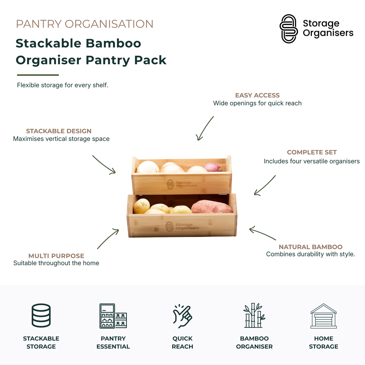 Stackable bamboo organiser pantry pack with four open-front bamboo storage baskets for pantry, kitchen, and home organisation. Designed to maximise vertical storage space while providing easy access to fruits, vegetables, snacks, and household essentials. Durable natural bamboo construction creates a stylish, organised, and space-saving storage solution for shelves and benchtops.