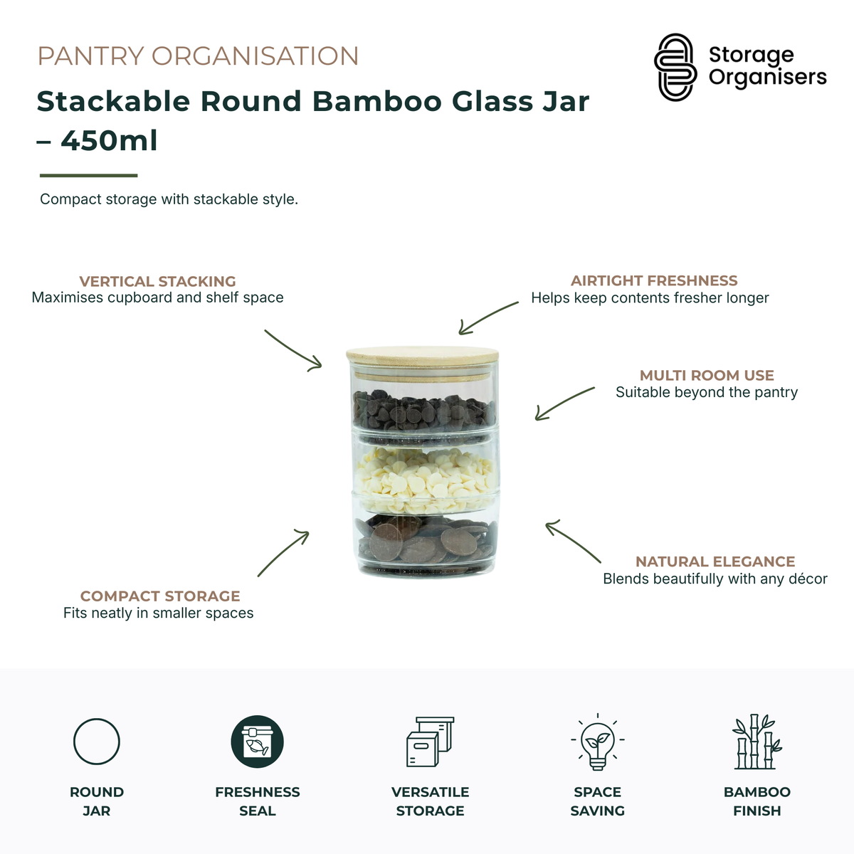 450ml stackable round glass storage jar with bamboo lid designed for pantry organisation and space-saving storage. Airtight glass container helps keep coffee, tea, nuts, snacks, baking ingredients and dry goods fresher for longer while maximising cupboard and shelf space through stackable design. Clear glass construction provides instant visibility of contents, and the natural bamboo lid adds a modern, elegant touch suitable for kitchens, bathrooms, offices and home organisation.