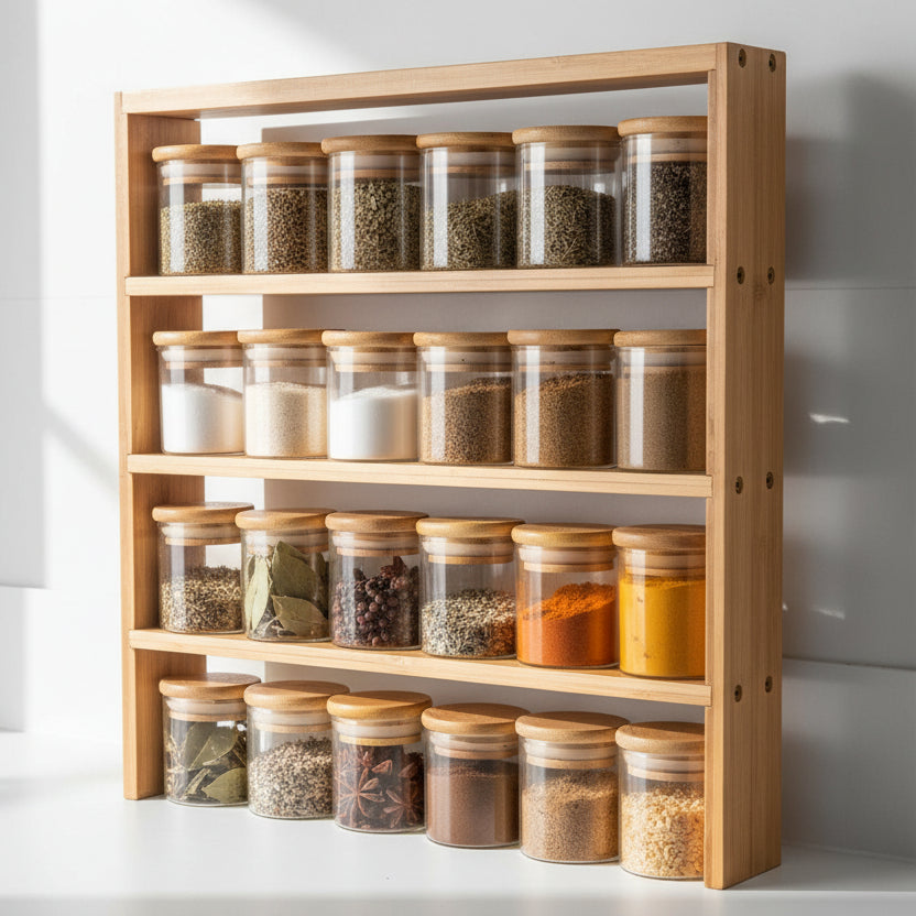 Standing 4-Tier Spice Rack with 24 × 120 ml Herb & Spice Jars Pack, perfect for kitchen organisation and pantry storage.