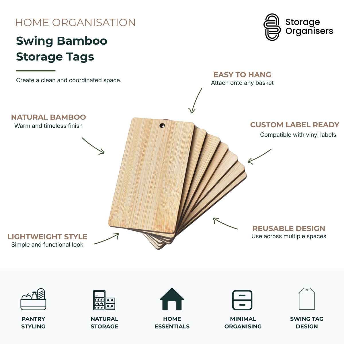 Set of swing bamboo storage tags for pantry baskets and home organisation with reusable natural wood label design