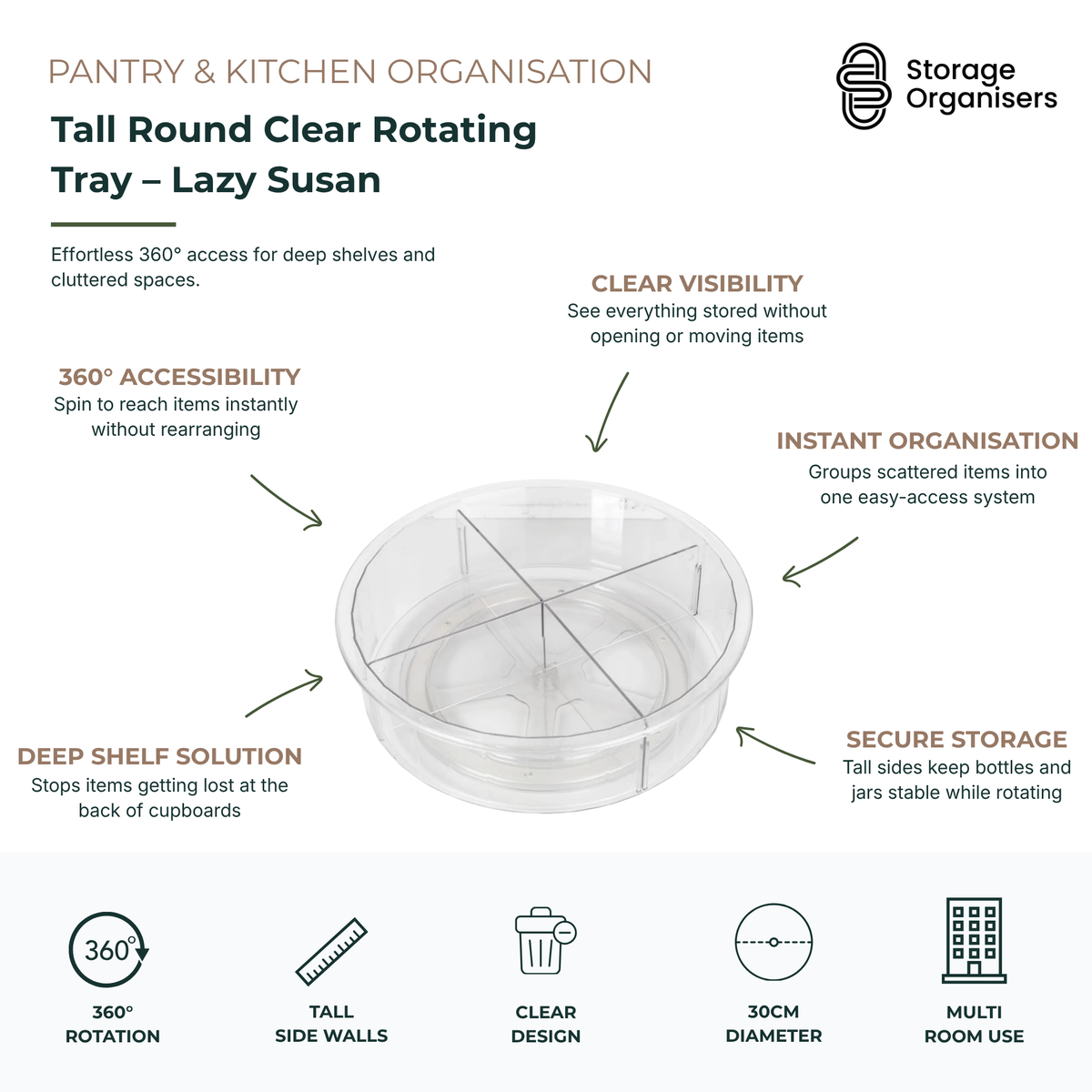 Tall round clear rotating tray lazy Susan organiser for pantry, kitchen, and cupboard storage with 360-degree spinning access and divided compartments