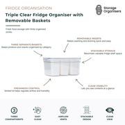Triple clear fridge organiser with removable baskets designed to keep fruits, vegetables, snacks and fresh produce neatly separated inside the refrigerator. Featuring three individual compartments, removable draining baskets and a vented lid for airflow control, this clear food storage container helps regulate humidity and maintain freshness for longer. The transparent design provides instant visibility of contents while the stackable structure maximises valuable fridge shelf space. Ideal for organised frid