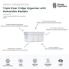 Triple clear fridge organiser with removable baskets designed to keep fruits, vegetables, snacks and fresh produce neatly separated inside the refrigerator. Featuring three individual compartments, removable draining baskets and a vented lid for airflow control, this clear food storage container helps regulate humidity and maintain freshness for longer. The transparent design provides instant visibility of contents while the stackable structure maximises valuable fridge shelf space. Ideal for organised frid