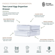 Two-level clear egg organiser drawer for fridge storage with stackable design, quick access drawers, and space-saving egg protection system