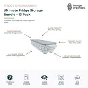 13-piece fridge organisation and food storage bundle featuring clear BPA-free refrigerator containers, trays and organisers designed to maximise fridge space and improve food visibility. Ideal for organising eggs, fruit, vegetables, snacks, drinks, meal prep ingredients and everyday fridge essentials. Features a clear stackable design for quick access, reduced food waste, improved freshness management and a clean, organised refrigerator layout.