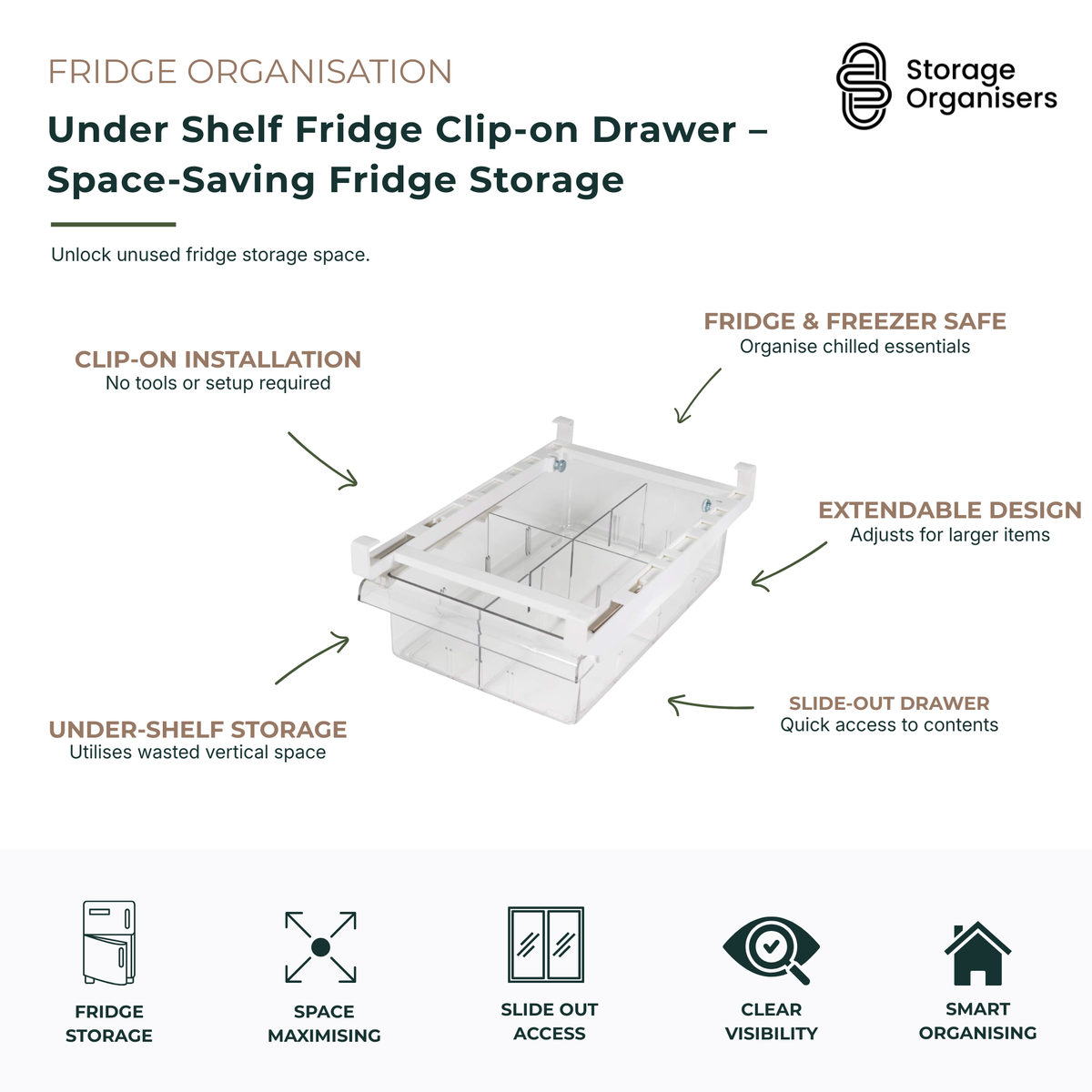 Under shelf fridge clip-on drawer for space-saving refrigerator organisation. Adjustable slide-out storage drawer clips securely beneath fridge shelves to maximise unused vertical space and provide easy access to fruits, vegetables, snacks, deli items, and chilled essentials. Clear expandable design suitable for refrigerators and freezers, creating additional storage without tools or permanent installation.