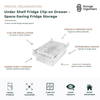 Under shelf fridge clip-on drawer for space-saving refrigerator organisation. Adjustable slide-out storage drawer clips securely beneath fridge shelves to maximise unused vertical space and provide easy access to fruits, vegetables, snacks, deli items, and chilled essentials. Clear expandable design suitable for refrigerators and freezers, creating additional storage without tools or permanent installation.