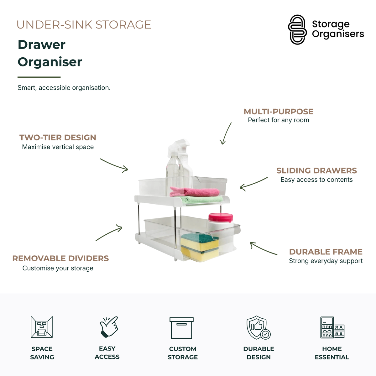 Two-tier under-sink drawer organiser with sliding drawers and removable dividers, designed to maximise vertical storage space, organise cleaning supplies, and provide easy access to household essentials in kitchens, bathrooms, and laundries.