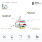 Two-tier under-sink drawer organiser with sliding drawers and removable dividers, designed to maximise vertical storage space, organise cleaning supplies, and provide easy access to household essentials in kitchens, bathrooms, and laundries.