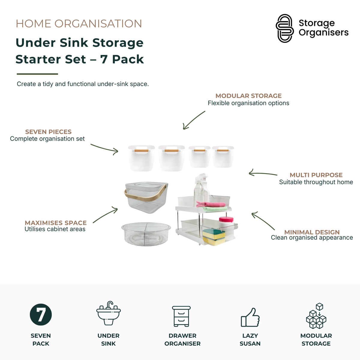 7-piece under sink storage organiser set featuring modular storage bins, a drawer organiser, lazy Susan turntable and versatile household containers designed to maximise cabinet space. Ideal for organising cleaning supplies, sponges, sprays, toiletries, bathroom essentials and kitchen accessories under sinks or inside cupboards. Features a flexible modular design, space-saving organisation, easy access to stored items and a clean, coordinated look for tidy and functional home storage.