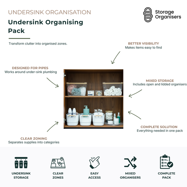 Complete undersink organising pack featuring a combination of open storage tubs and lidded organisers designed to maximise under-sink cabinet space. Ideal for bathroom, laundry, and kitchen storage, the system creates organised zones around plumbing pipes while improving visibility and access to cleaning products, toiletries, towels, and household essentials. A practical under-sink storage solution that helps reduce clutter and keep supplies neatly categorised.
