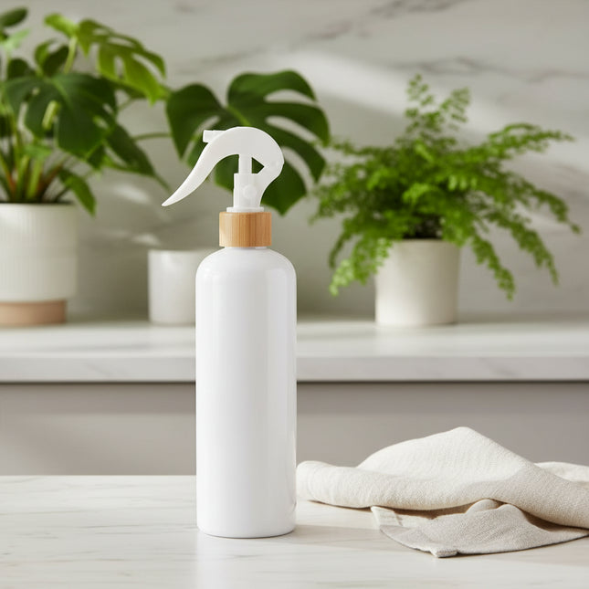 White Spray Bottle – 500 ml Refillable Cleaner on a kitchen countertop for pantry organisation and under sink storage.