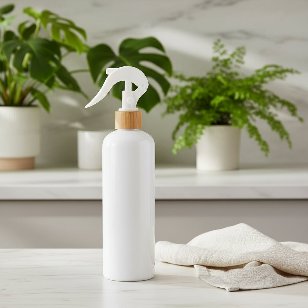White Spray Bottle – 500 ml Refillable Cleaner on a kitchen countertop for pantry organisation and under sink storage.
