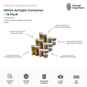 15-piece white airtight food storage container set with clear bodies and stackable design, ideal for creating a neat and organised pantry. Suitable for storing pasta, grains, cereals, nuts, snacks, baking ingredients and dry foods while keeping contents fresh with airtight seals. Features BPA-free construction, clear visibility for easy identification, space-saving stackability and a coordinated white finish for a clean, uniform pantry organisation system.