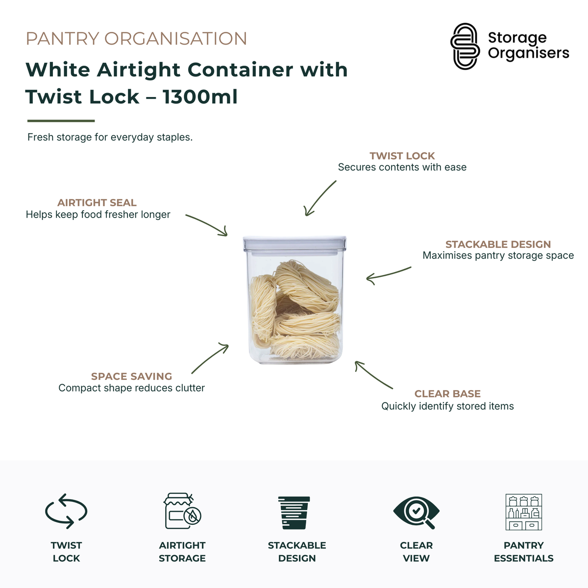 White airtight pantry storage container with twist-lock lid and 1300ml capacity, designed to keep dry foods fresh and organised. Features an airtight seal, stackable design, and clear body for easy identification of contents. Ideal for storing pasta, rice, cereals, snacks, baking ingredients, and everyday pantry essentials while maximising cupboard and shelf space.
