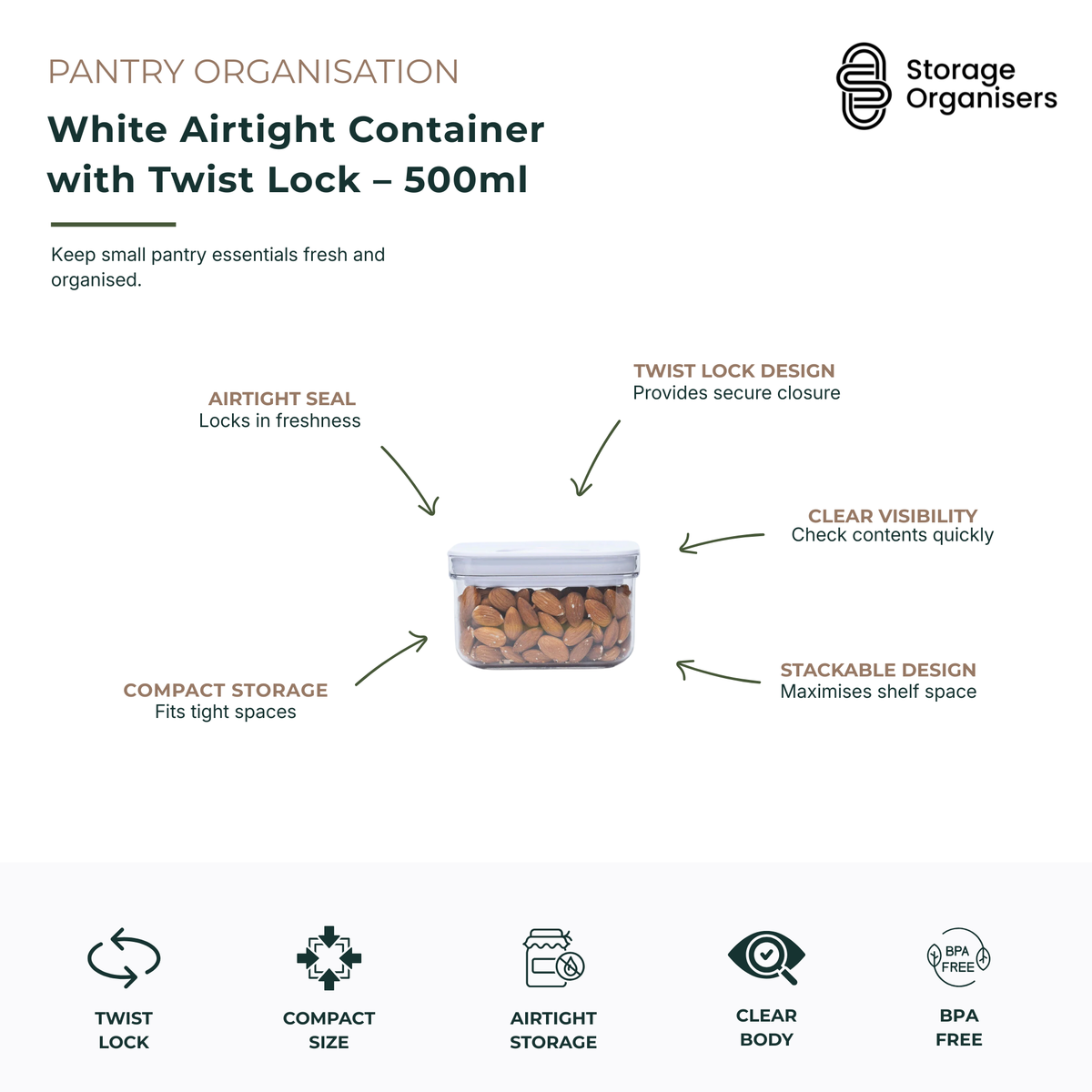 500ml white airtight pantry storage container with secure twist lock lid, designed to keep dry foods fresh and organised. Features an airtight seal to lock in freshness, clear body for quick content identification, stackable space-saving design, compact size for small pantry essentials, and BPA-free construction for safe food storage. Ideal for storing nuts, seeds, spices, snacks, herbs, baking ingredients, and other pantry staples in organised kitchen spaces.