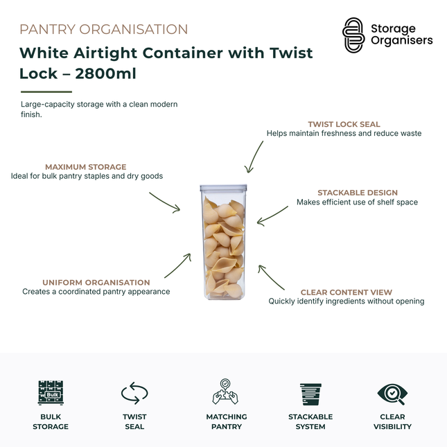 Large 2800ml white airtight pantry storage container with twist lock lid designed for bulk food organisation and long-lasting freshness. The clear container body allows quick identification of contents such as pasta, rice, flour, cereals, grains and other dry pantry staples without opening the lid. Featuring a secure twist lock seal, this food storage container helps protect ingredients from moisture and air exposure while reducing food waste. The stackable design maximises pantry shelf space and creates a 