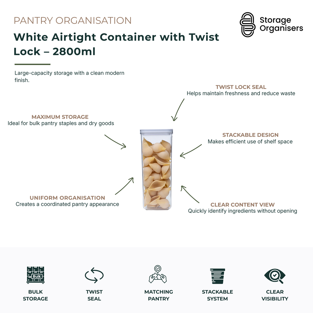 Large 2800ml white airtight pantry storage container with twist lock lid designed for bulk food organisation and long-lasting freshness. The clear container body allows quick identification of contents such as pasta, rice, flour, cereals, grains and other dry pantry staples without opening the lid. Featuring a secure twist lock seal, this food storage container helps protect ingredients from moisture and air exposure while reducing food waste. The stackable design maximises pantry shelf space and creates a 