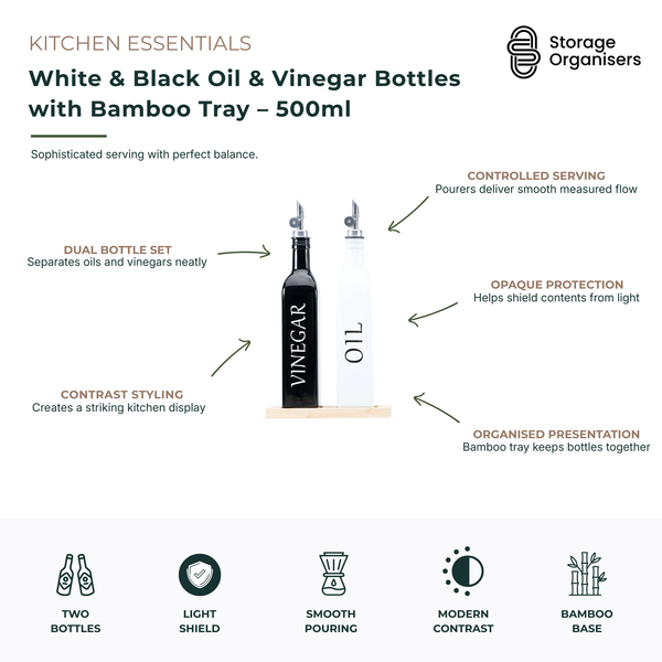 White and black 500ml oil and vinegar bottle set with bamboo tray, featuring precision pour spouts for smooth, controlled dispensing. Stylish dual-bottle kitchen storage solution designed for oils, vinegars and dressings, with opaque glass for light protection and an organised benchtop presentation. Modern oil and vinegar bottle set combining functionality, elegant contrast styling and convenient everyday use.