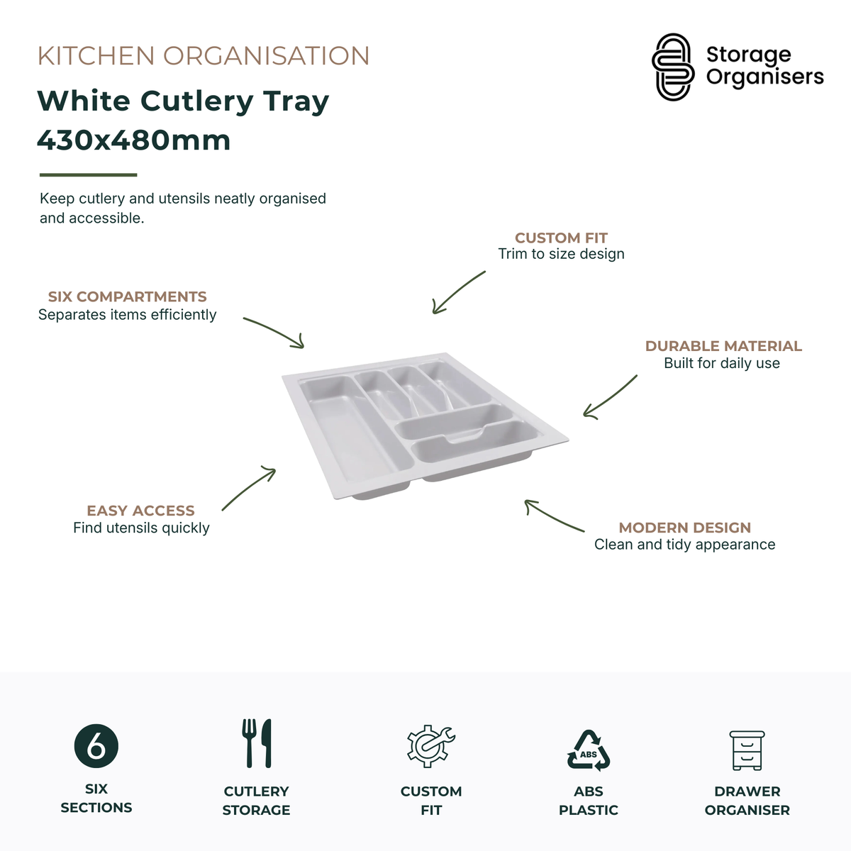 White cutlery tray drawer organiser measuring 430x480mm, featuring six compartments for neatly storing cutlery, utensils, kitchen tools, and everyday dining essentials. Made from durable ABS plastic with a trim-to-fit design for customised drawer installation. The compartment layout keeps forks, knives, spoons, and kitchen accessories organised, easily accessible, and separated for efficient kitchen storage. Modern white finish creates a clean, tidy, and organised drawer system for homes and kitchens.