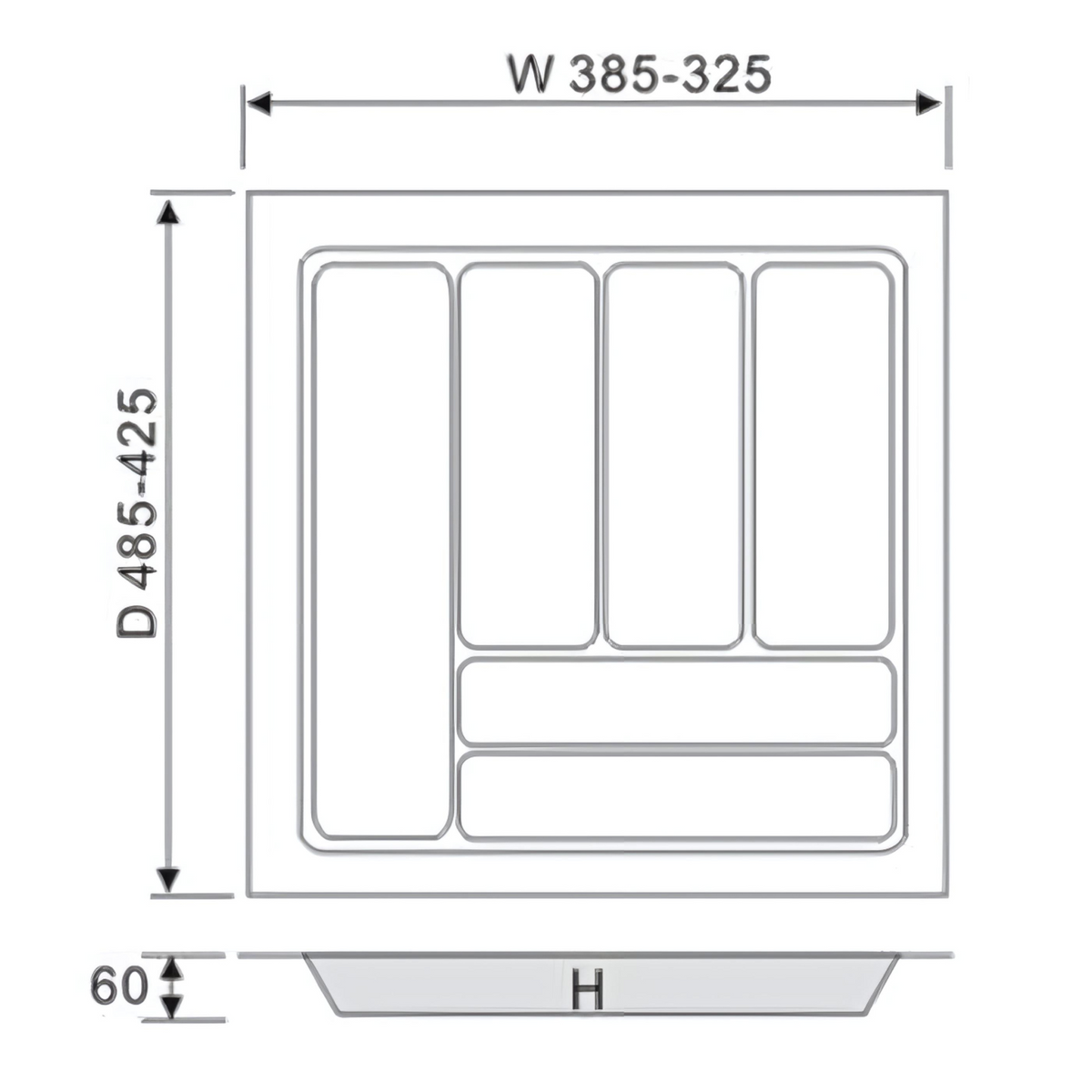 Diagram showing dimensions of White Cutlery Tray 430x480mm, a storage organiser for kitchen drawers to enhance organisation.