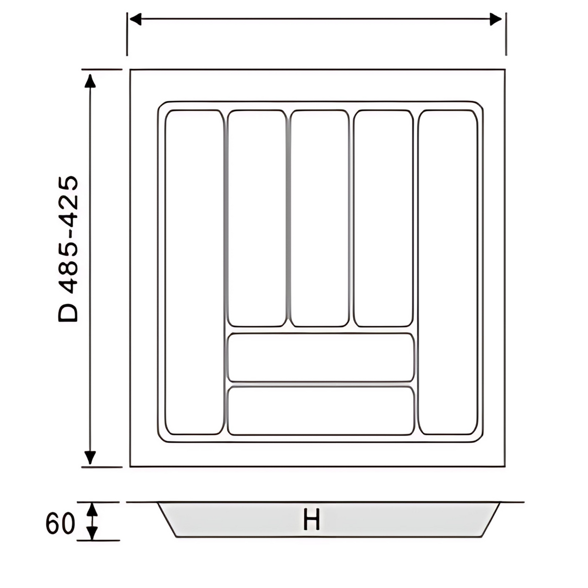 Diagram of White Cutlery Tray 530x480mm for drawer organisers enhancing kitchen storage and organisation efficiently.