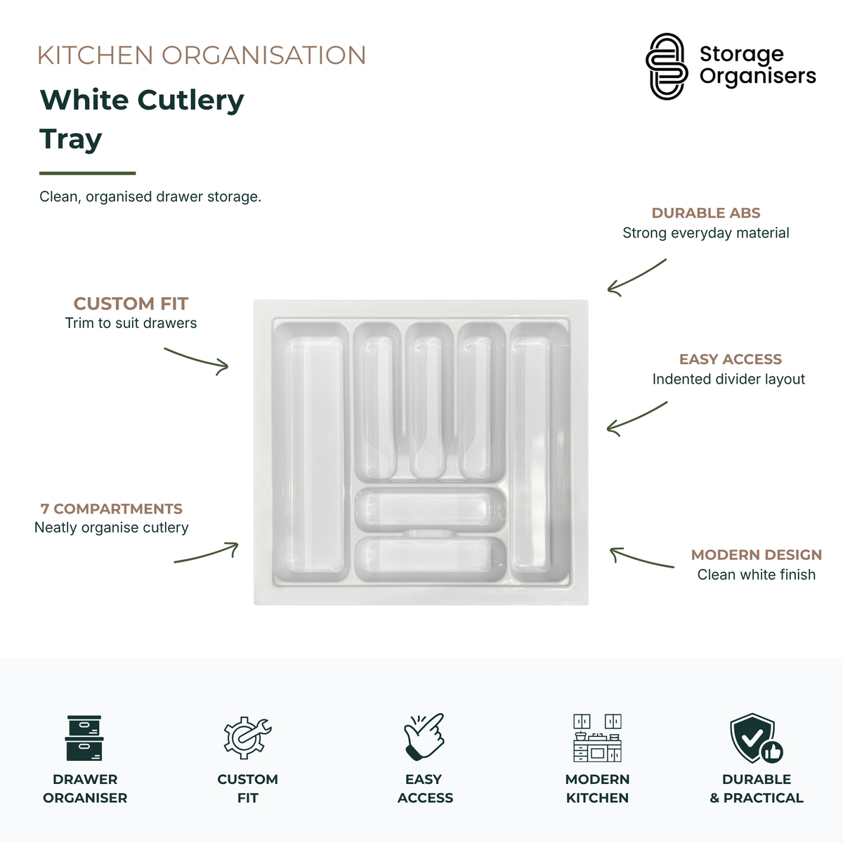 White cutlery tray with 7 compartments for organised kitchen drawer storage, custom fit design, and durable easy-access utensil organisation