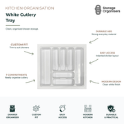 White cutlery tray with 7 compartments for organised kitchen drawer storage, custom fit design, and durable easy-access utensil organisation
