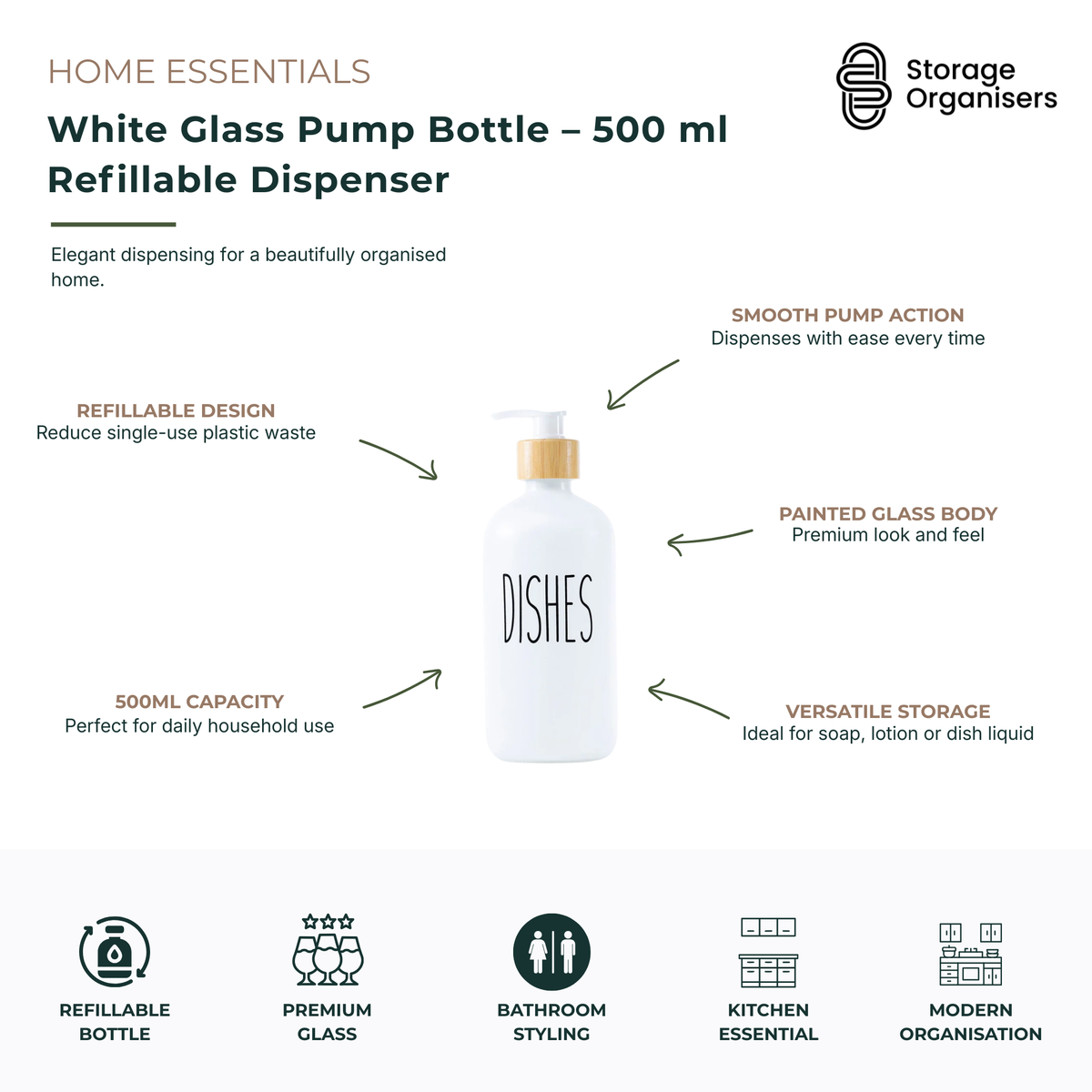 500ml white glass pump bottle with refillable dispenser and bamboo-look collar, ideal for hand soap, lotion, sanitiser, shampoo, conditioner, or dishwashing liquid. Elegant painted glass soap dispenser for bathroom and kitchen organisation, featuring a smooth pump action and reusable eco-friendly design for modern homes.