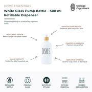 500ml white glass pump bottle with refillable dispenser and bamboo-look collar, ideal for hand soap, lotion, sanitiser, shampoo, conditioner, or dishwashing liquid. Elegant painted glass soap dispenser for bathroom and kitchen organisation, featuring a smooth pump action and reusable eco-friendly design for modern homes.