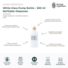 500ml white glass pump bottle with refillable dispenser and bamboo-look collar, ideal for hand soap, lotion, sanitiser, shampoo, conditioner, or dishwashing liquid. Elegant painted glass soap dispenser for bathroom and kitchen organisation, featuring a smooth pump action and reusable eco-friendly design for modern homes.