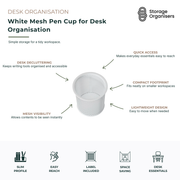 White mesh pen cup for desk organisation designed to keep pens, pencils, markers, scissors and office supplies neatly stored and within easy reach. The lightweight metal mesh construction provides visibility of contents while promoting airflow and reducing desktop clutter. Its compact footprint fits comfortably on office desks, study tables, home workstations, reception counters and classroom environments without taking up excessive space. The durable white finish complements modern, minimalist and professi