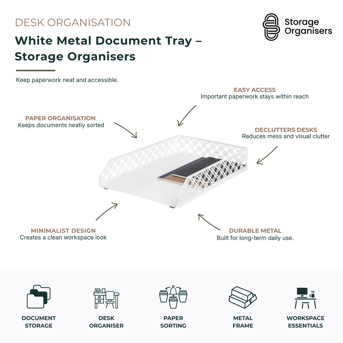 White metal document tray organiser designed for sorting paperwork, files, folders, letters, and office documents. Featuring a durable metal frame with an open-access design, this desk organiser helps reduce clutter while keeping important paperwork neatly stored and within easy reach. Ideal for home offices, workstations, study areas, and professional office environments seeking a clean, minimalist workspace.