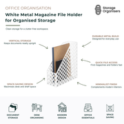 White metal magazine file holder for office organisation, designed to store magazines, folders, notebooks, files, and documents upright. Durable metal document organiser with a space-saving vertical design that keeps desks, shelves, and workspaces neat and clutter-free. Modern white file storage solution for home offices, study areas, and professional workspaces.