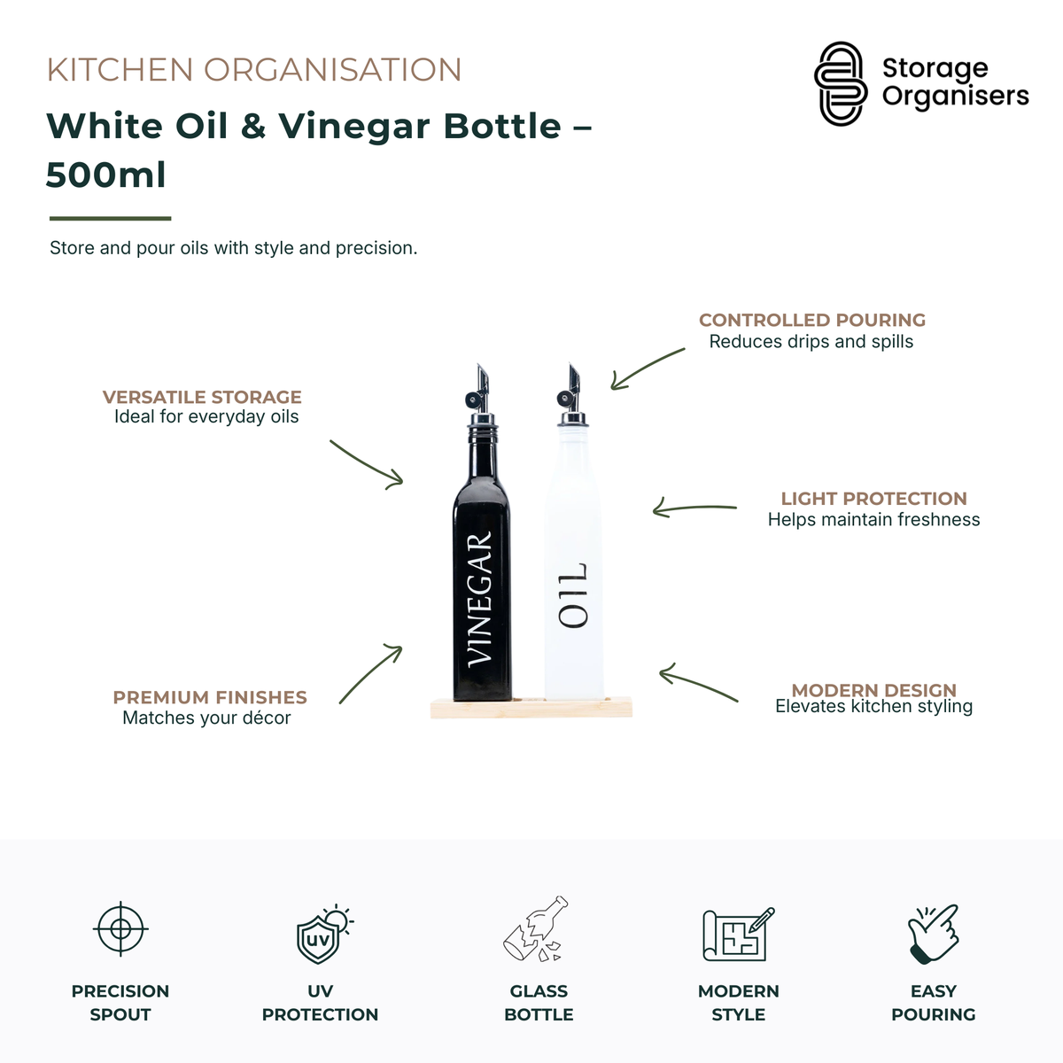 White 500ml oil and vinegar bottle with precision pouring spout, designed for stylish and controlled dispensing of olive oil, vinegar, dressings and cooking oils. Featuring a sleek white glass bottle, drip-reducing pourer and UV-protective finish to help preserve freshness and flavour. Ideal for kitchen benchtops, dining tables and pantry organisation, offering a modern, coordinated look while making everyday cooking, meal preparation and serving more convenient and mess-free.
