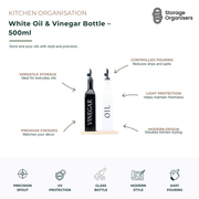 White 500ml oil and vinegar bottle with precision pouring spout, designed for stylish and controlled dispensing of olive oil, vinegar, dressings and cooking oils. Featuring a sleek white glass bottle, drip-reducing pourer and UV-protective finish to help preserve freshness and flavour. Ideal for kitchen benchtops, dining tables and pantry organisation, offering a modern, coordinated look while making everyday cooking, meal preparation and serving more convenient and mess-free.