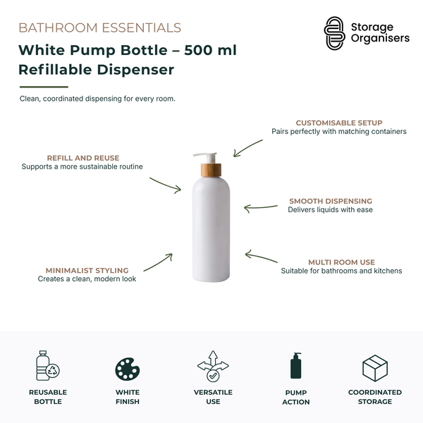 500ml white refillable pump bottle dispenser featuring a minimalist matte finish, smooth pump action, and natural bamboo-look collar. Designed for dispensing hand soap, dishwashing liquid, lotion, shampoo, conditioner, body wash, sanitiser, and other liquid products. The clean white design complements modern, Scandinavian, coastal, and minimalist home décor while creating a coordinated and organised bathroom, kitchen, laundry, or vanity space. Reusable and refillable construction helps reduce single-use pla