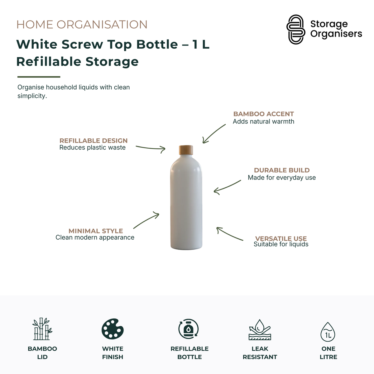 1 litre white screw top refillable storage bottle with a bamboo-look lid, designed for stylish and sustainable household liquid storage. Ideal for storing cleaning products, laundry liquids, body wash, shampoo, conditioner, lotions or other refillable household essentials. Features a leak-resistant screw cap, durable construction and minimalist white finish that complements modern home organisation while helping reduce single-use plastic waste.